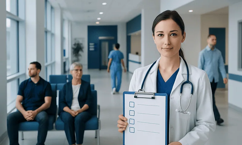 Healthcare professional holding a checklist in a hospital waiting area.