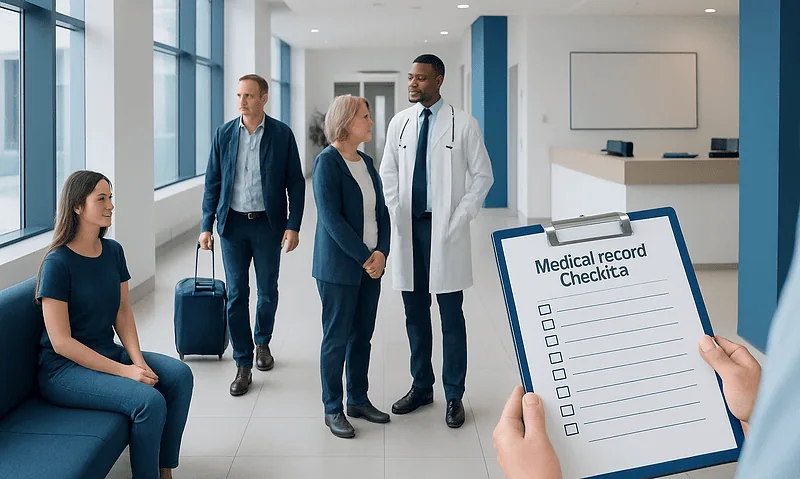 Patients and doctor discussing medical records in hospital corridor.