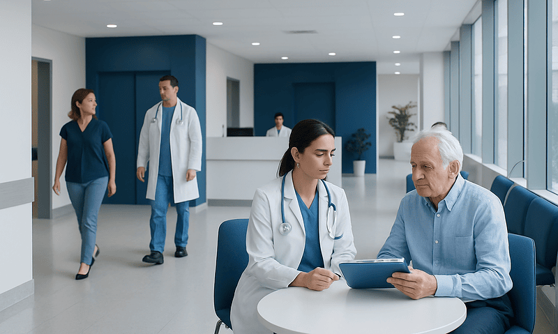 How to Prepare a Safe Medication List Before Treatment in Turkey 2 Doctor consulting with elderly patient in hospital lobby.
