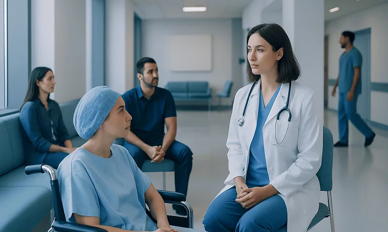 Doctor consulting patient in hospital corridor with waiting group.