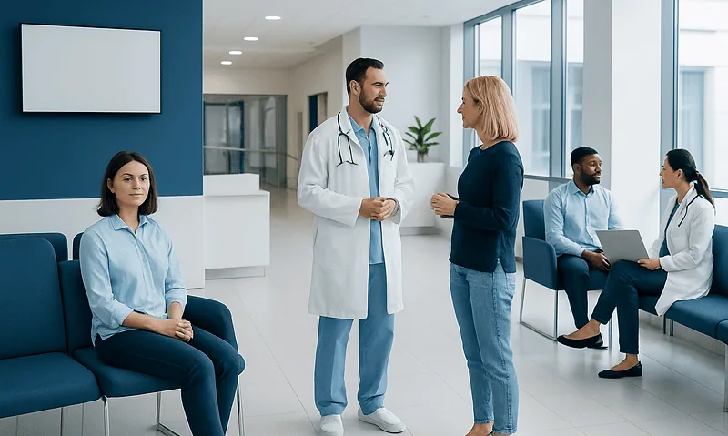 Medical consultation in a modern hospital waiting area with healthcare professionals and patients.