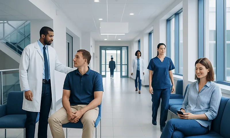 Medical consultation in a modern hospital corridor with healthcare professionals and patients.