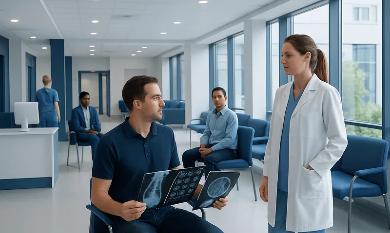 Patient consulting with doctor in modern hospital waiting area.