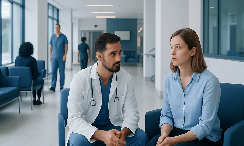 Doctor consulting with a patient in a modern hospital waiting area.