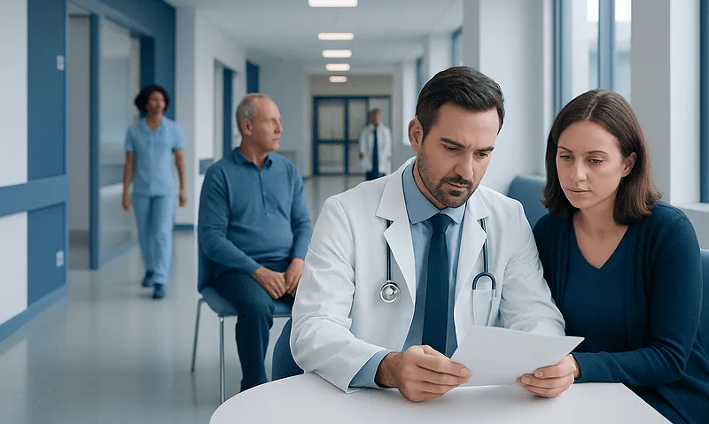 Doctors discussing medical records in a hospital corridor.