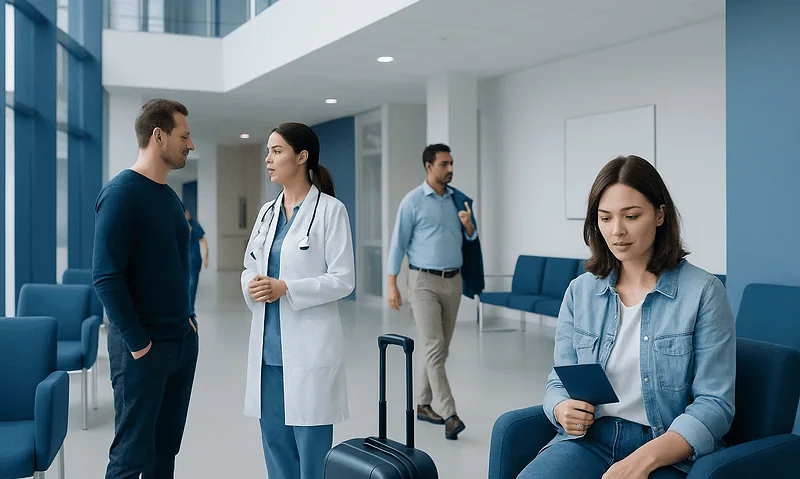 Patients and medical staff in a modern hospital lobby with luggage.