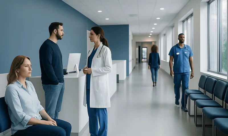 Hospital reception area with medical staff and patients in a modern facility.