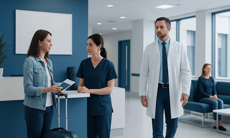 Patients and medical staff in a hospital lobby at Acibadem Hospitals Group.
