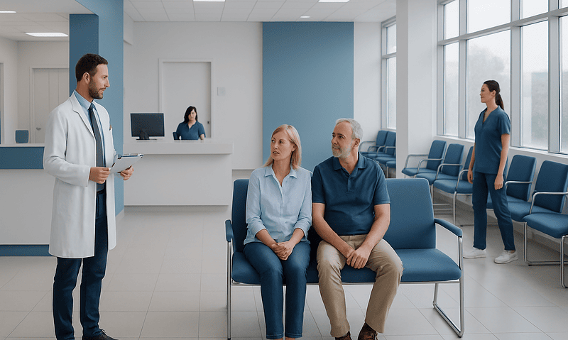 Doctor consulting with patients in a modern hospital waiting area.