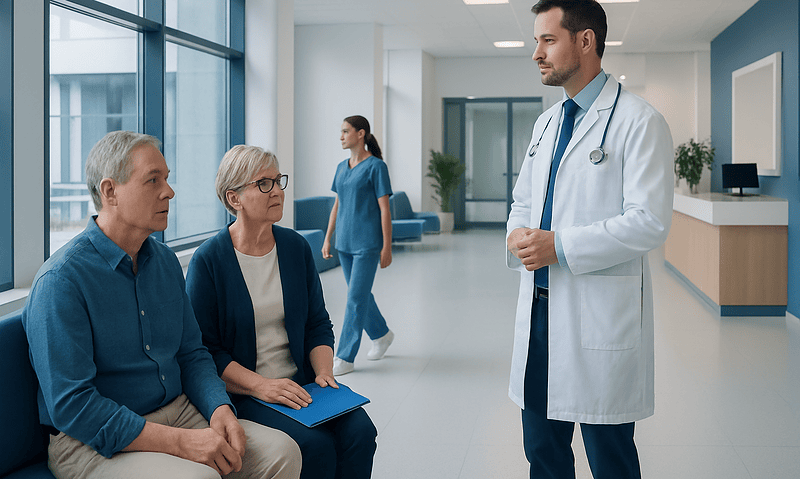 Doctor consulting elderly patients in hospital corridor.