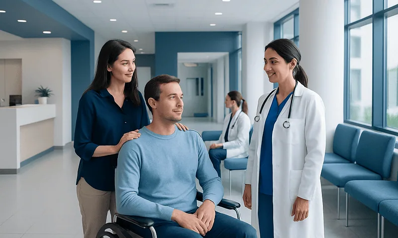Patient in wheelchair with two healthcare professionals in hospital corridor.