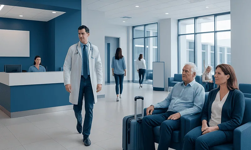 Patients waiting in a hospital lobby with a doctor approaching them.