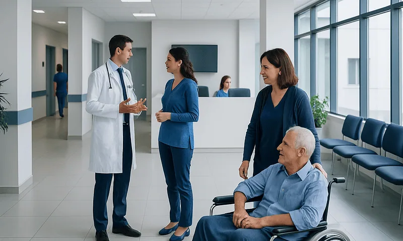 Medical consultation in hospital corridor with doctor and patients.
