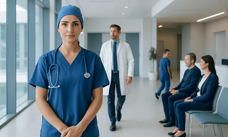 Healthcare professional in a hospital corridor with patients and staff.