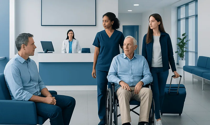 Hospital staff assisting a patient in a wheelchair in a modern medical facility.