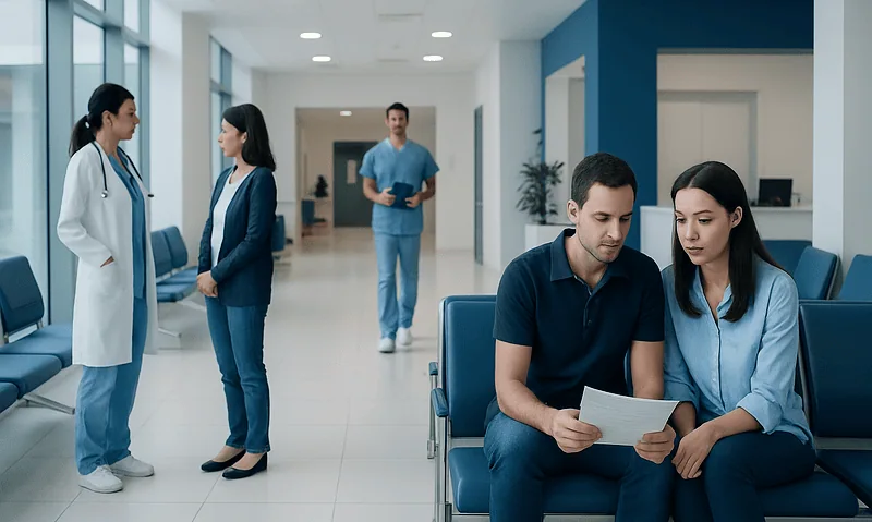 Patients and medical staff in a modern hospital corridor in Turkey.