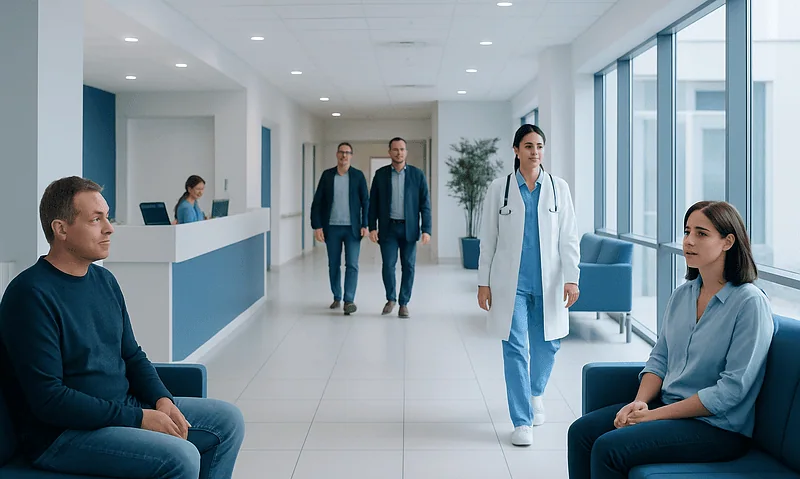 Modern hospital waiting area with patients and medical staff.