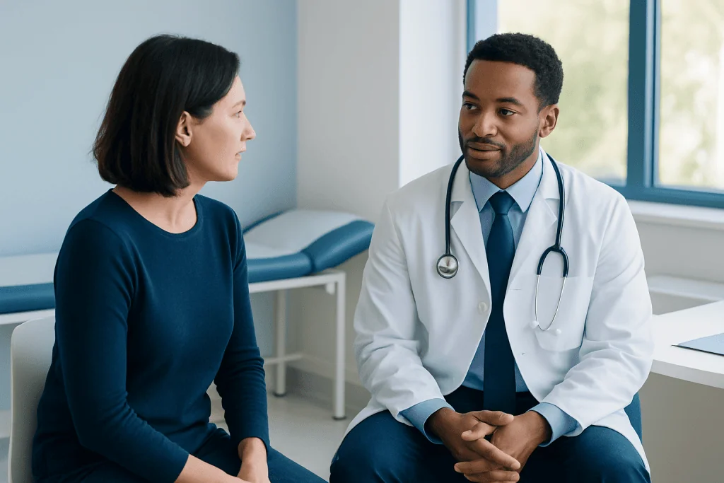 Doctor consulting with a female patient in a modern hospital room.