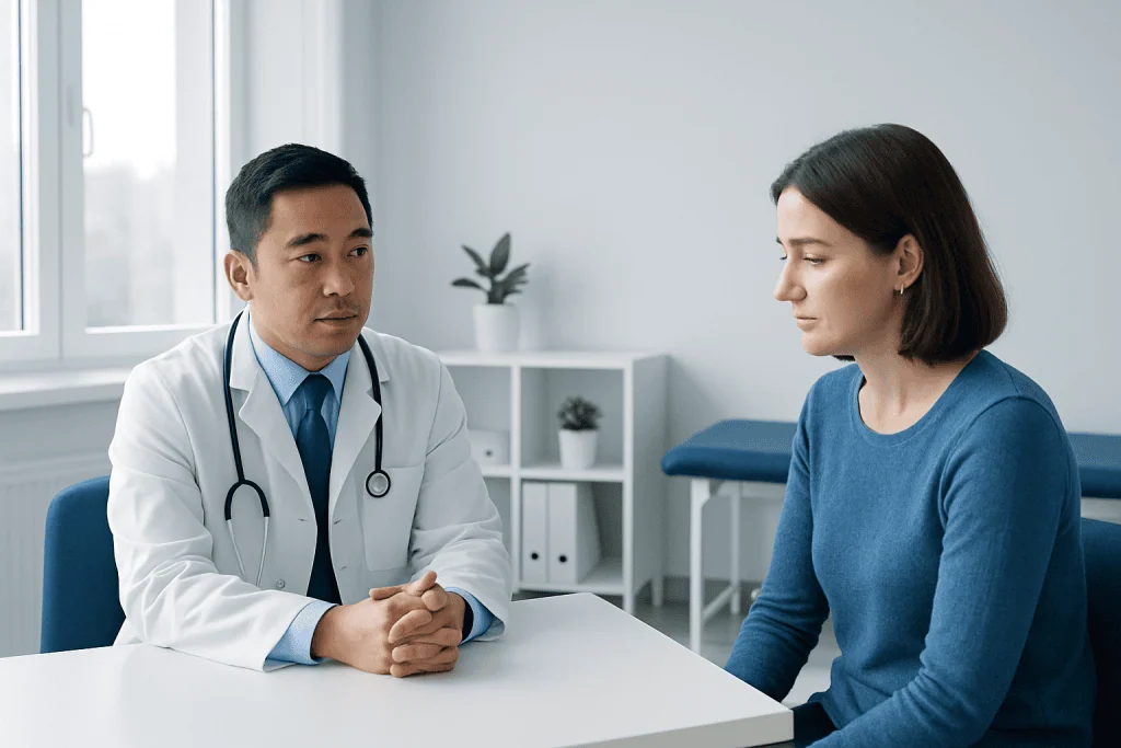 Doctor consulting with a female patient in a modern clinic setting.