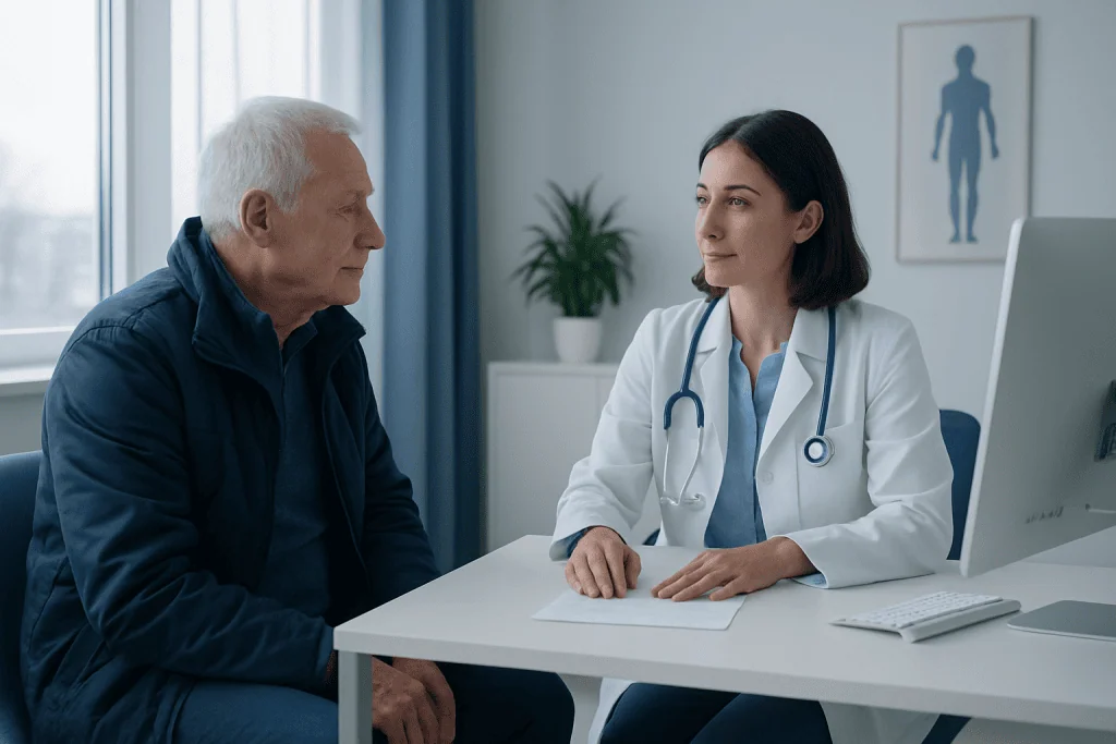 Doctor consulting with elderly patient in a medical office.