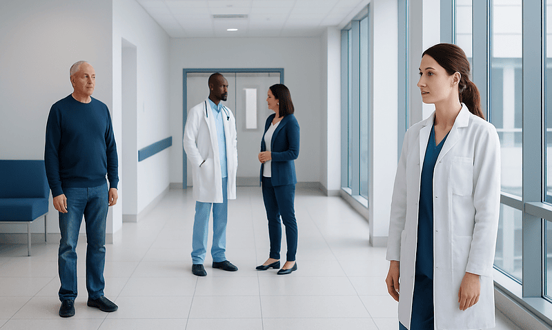 Medical professionals and patient in hospital corridor at Acibadem Hospitals Group.