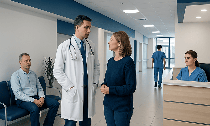 Doctor consulting a patient in a hospital corridor at Acibadem Hospitals Group.