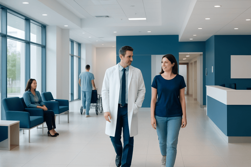 After Discharge in Turkey: How to Manage Wound Care, Medicines, and Rest 1 Doctor and patient walking in a modern hospital lobby with seating area.
