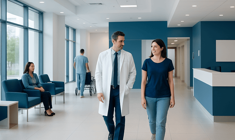 Doctor and patient walking in a modern hospital lobby with seating area.