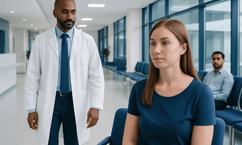 Doctor consulting with a young woman in a hospital corridor.