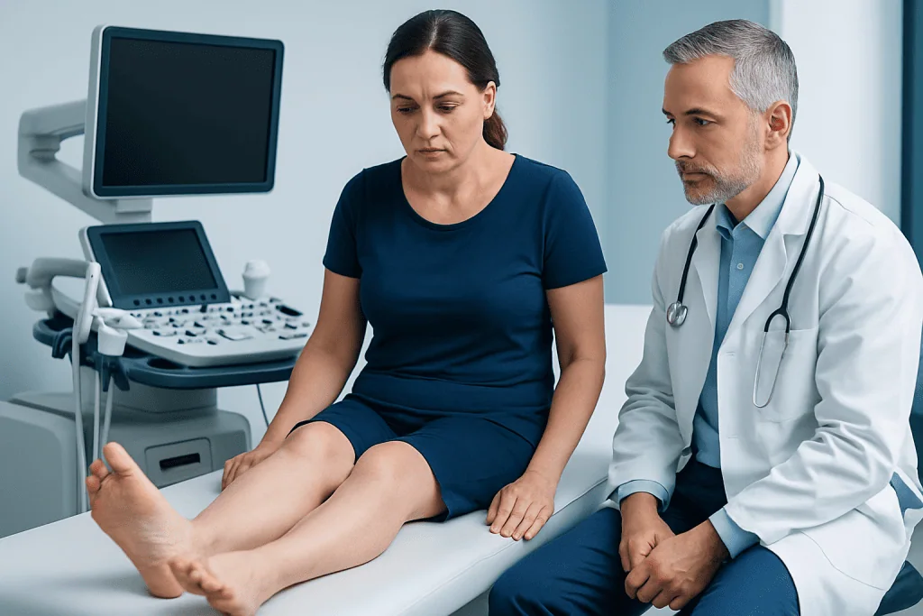 Doctor examining patient's legs for circulation issues at Acibadem Hospital.