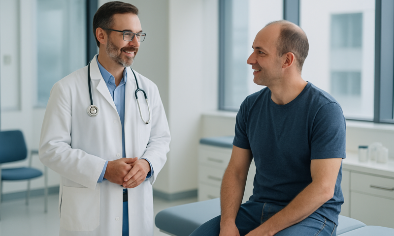 Doctor consulting with patient in a modern hospital room.