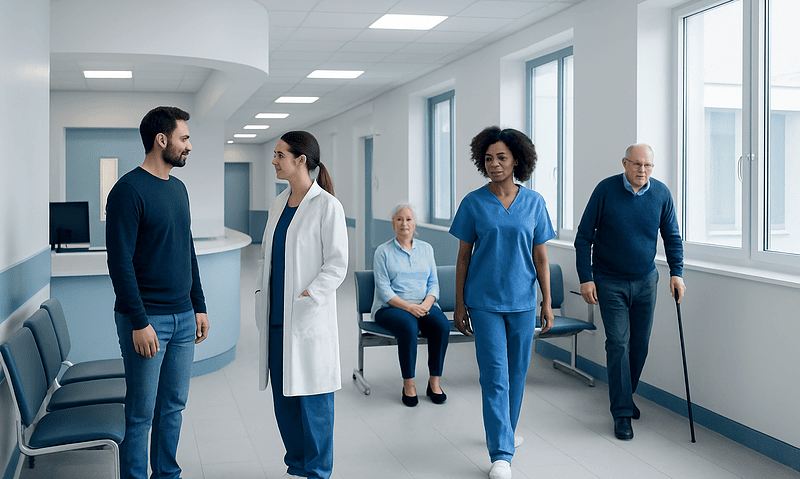 Healthcare professionals and patients in a modern hospital corridor.