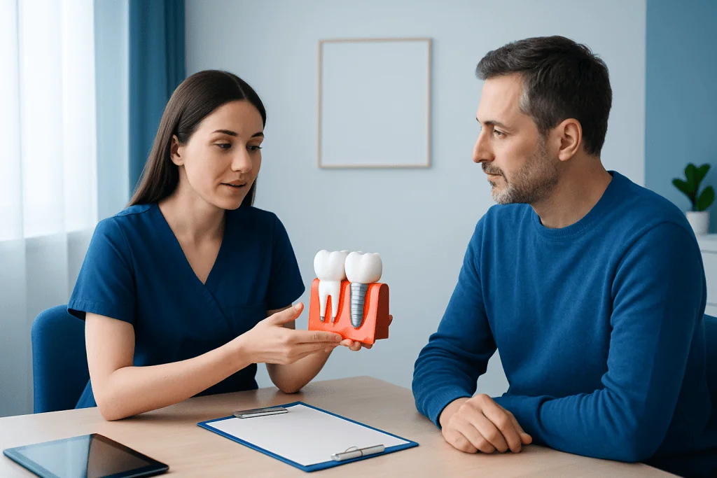 Dentist explains dental implant model to patient in consultation room.