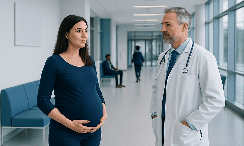 Pregnant woman consulting with a doctor in hospital corridor.