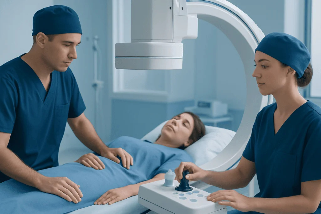 Medical professionals preparing for a scan in a hospital setting.