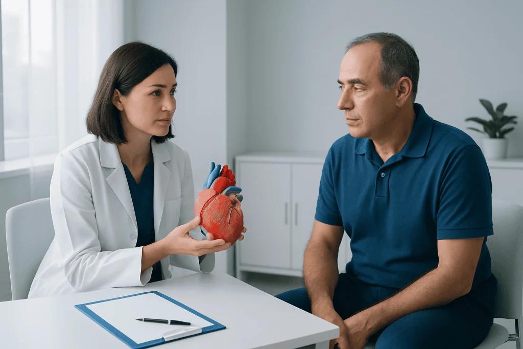 Doctor explaining heart health to a patient with a model of a heart.