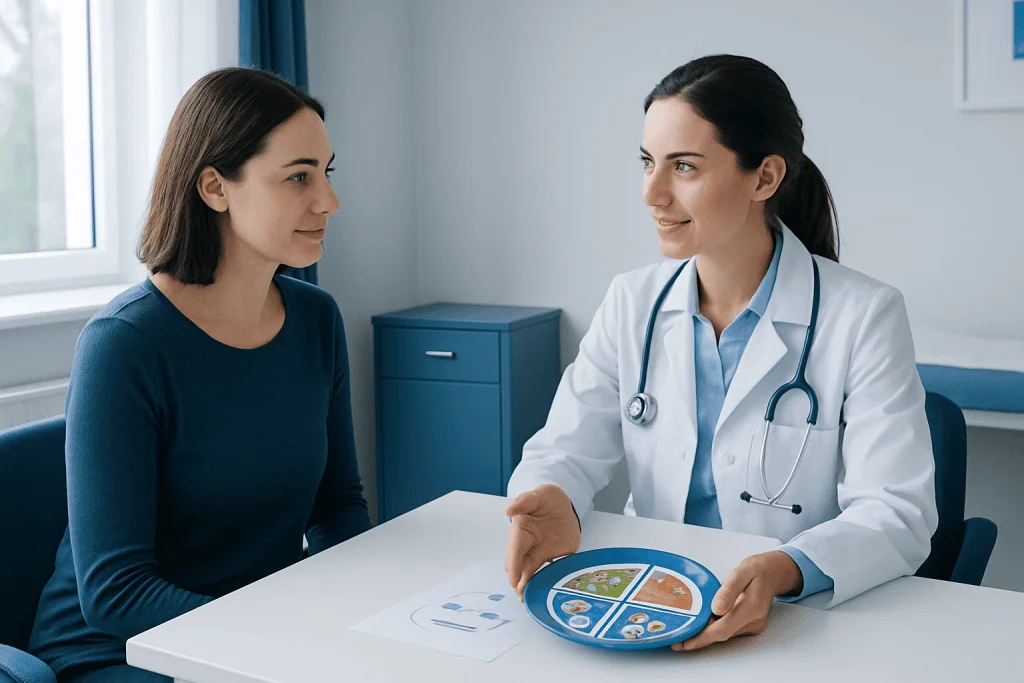 Doctor explaining dietary advice to a patient in a consultation room.