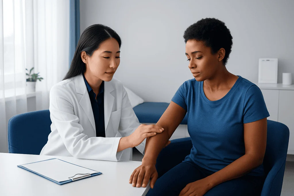 Doctor examining patient's arm in a medical consultation room.