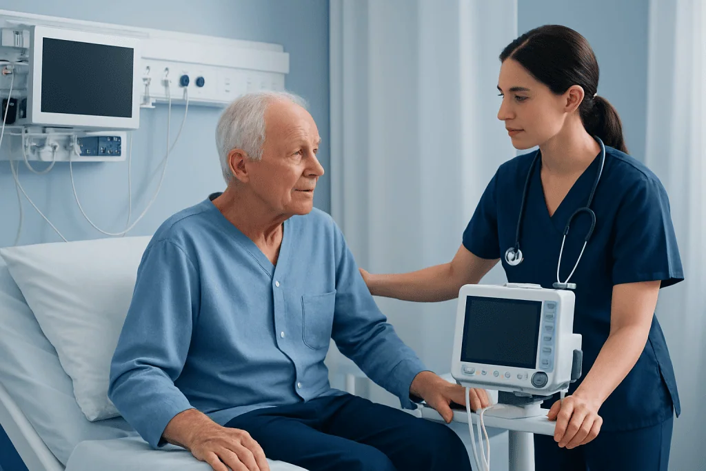 Nurse assisting elderly patient in hospital room with medical equipment.