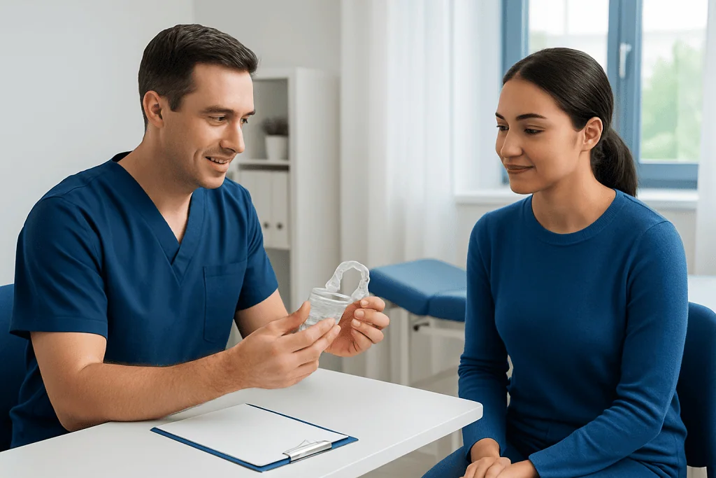 Dentist explaining retainer cleaning to patient in clinic.