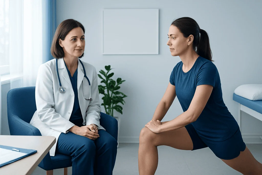 Doctor consulting with a patient about stretching exercises for runners.