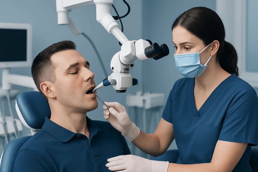 Dentist examining patient's mouth with dental microscope at clinic.