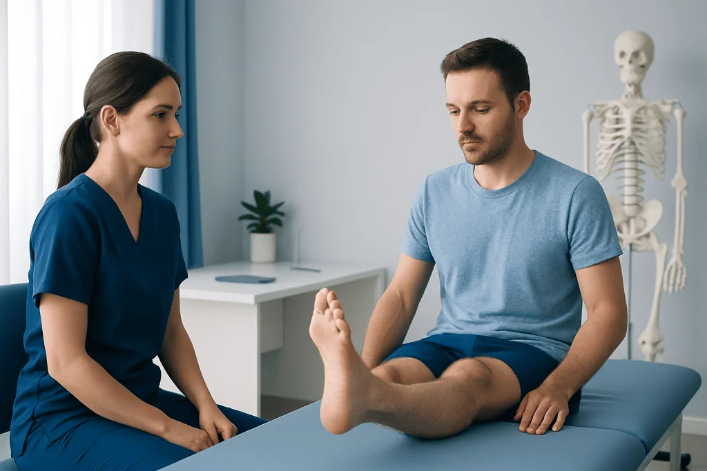 Doctor examining patient's foot during a medical consultation at Acibadem Hospital.