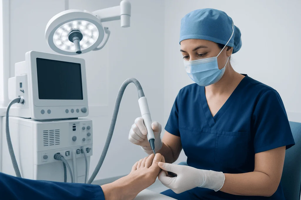 Medical professional performing a procedure with advanced equipment in a clinical setting.
