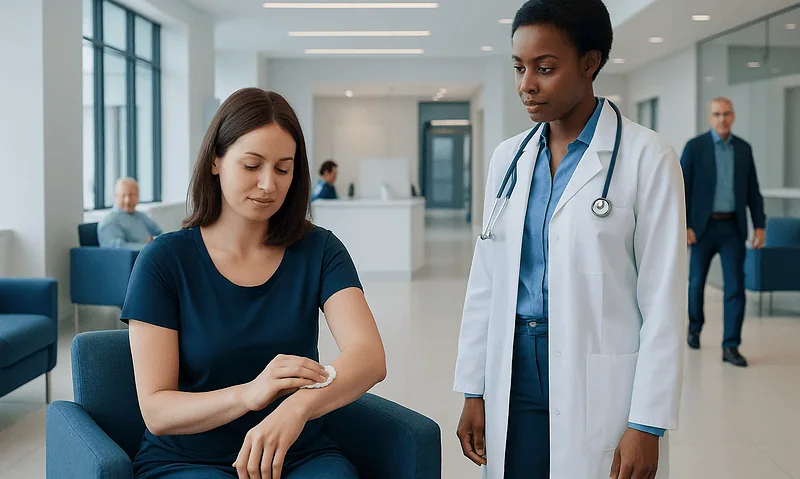 Doctor examining a patient's arm in a modern hospital lobby.
