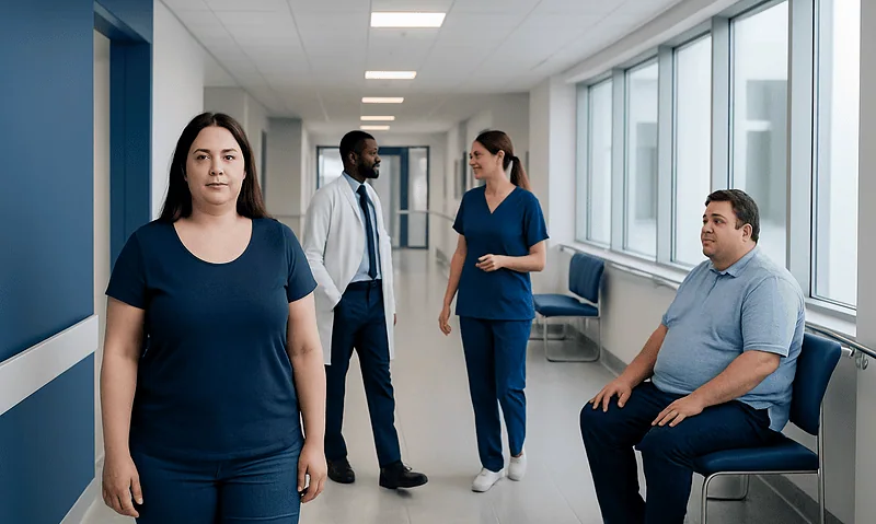 Healthcare professionals in a hospital corridor with a patient sitting nearby.