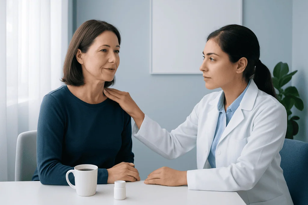 Doctor consulting with a patient about medication in a clinical setting.