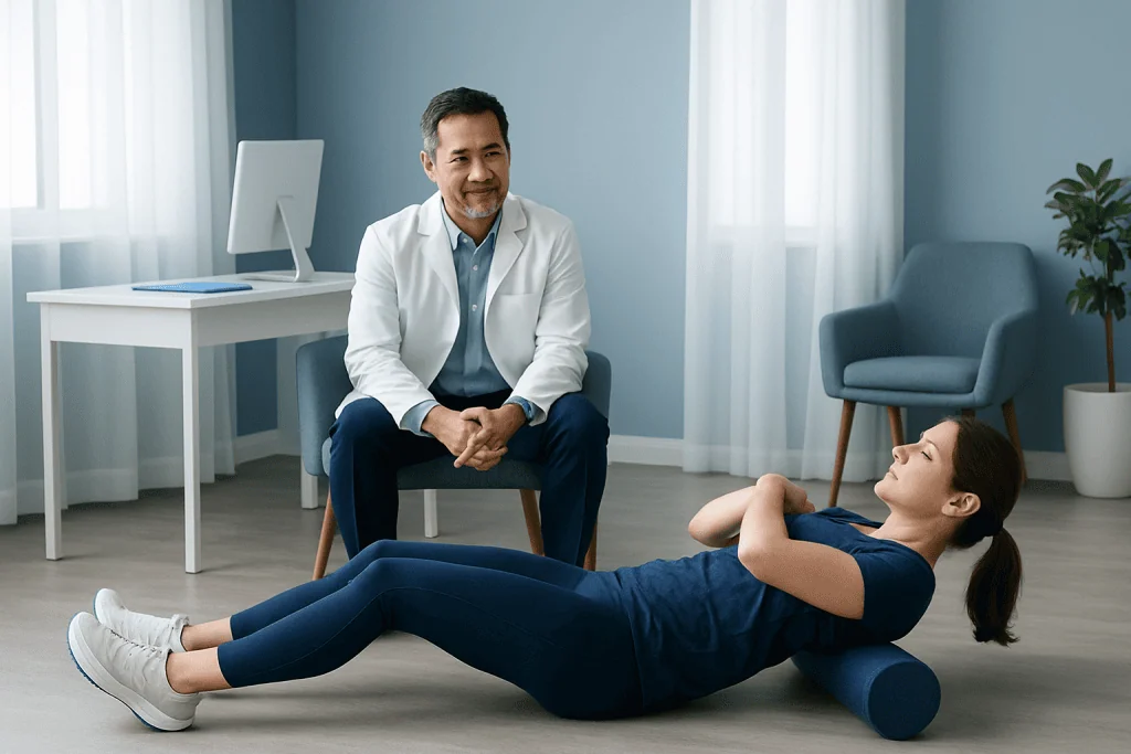 Physical therapist demonstrating fascia release techniques with foam roller.