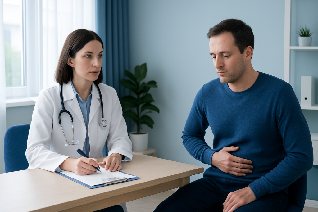 Doctor consulting with patient about lactose intolerance symptoms.