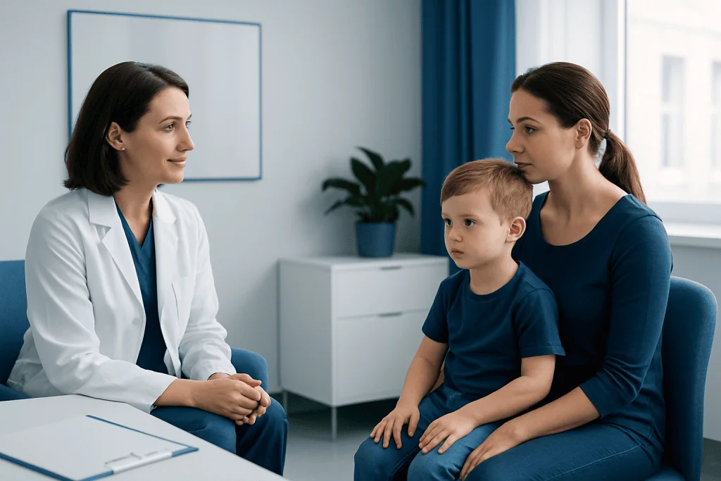 Pediatric consultation at Acibadem Hospital with doctor and mother.